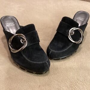 Stuart Weitzman suede studded black mule clogs heels, women's US 7, UK 5,‎ EU 37